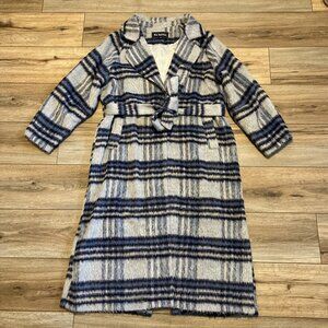En Saison Demi Plaid Belted Coat SZ Medium Navy Gray Multi Long Fuzzy